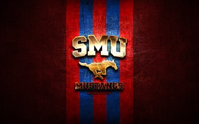 SMU Mustangs, golden logo, NCAA, red metal background, american football club, SMU Mustangs logo, american football, USA