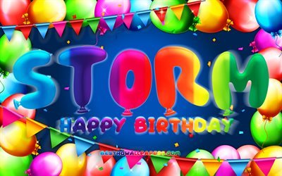 Happy Birthday Storm, 4k, colorful balloon frame, Storm name, blue background, Storm Happy Birthday, Storm Birthday, popular danish male names, Birthday concept, Storm