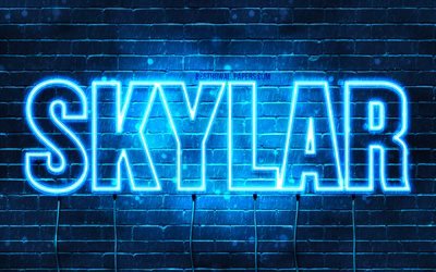 Skylar, 4k, sfondi per il desktop con i nomi, il testo orizzontale, Skylar nome, Felice Compleanno Skylar, neon blu, foto con Skylar nome