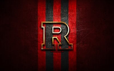 Rutgers Scarlet Knights, golden logo, NCAA, red metal background, american football club, Rutgers Scarlet Knights logo, american football, USA