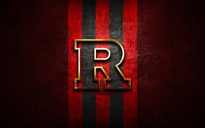 Rutgers Ş&#246;valyeler, altın logo, NCAA, kırmızı metal arka plan, Amerikan Futbol Kul&#252;b&#252;, Rutgers Scarlet Knights logo, Amerikan Futbolu, ABD Kızıl