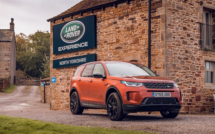 Land Rover Discovery Sport, 2020, D180, front view, exterior, orange SUV, new orange Discovery Sport, British cars, Land Rover