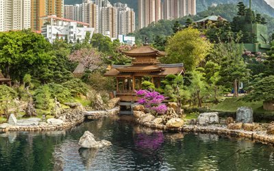 Hong Kong, pagoda, giardino, lago, cespugli, alberi, edifici moderni, paesaggio urbano, Cina