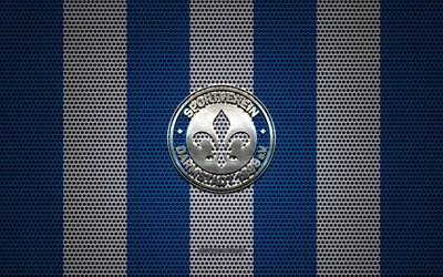 darmstadt 98-logo, deutscher fu&#223;ball-club, metall-emblem, blauen und wei&#223;en metall mesh-hintergrund, darmstadt 98, 2 bundesliga, darmstadt, deutschland, fu&#223;ball