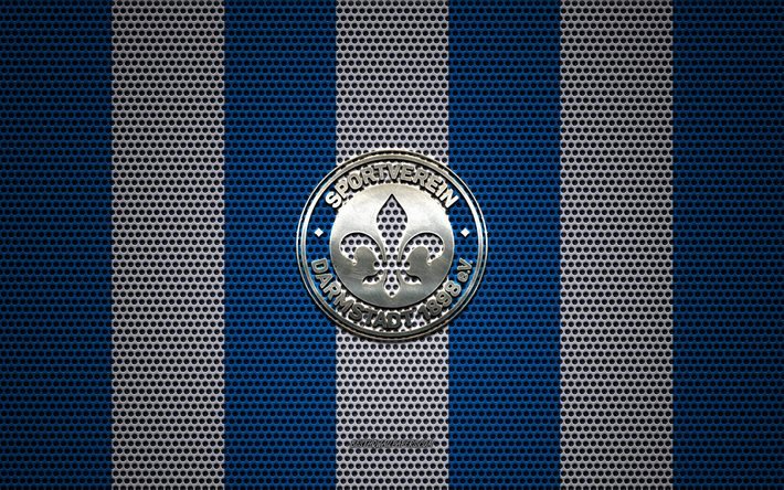Darmstadt 98 logo, squadra di calcio tedesca, metallo emblema, bianco e blu, di maglia di metallo sfondo, Darmstadt 98, 2 Bundesliga, Darmstadt, Germania, calcio