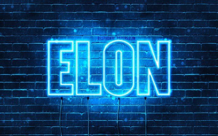 Elon, 4k, sfondi per il desktop con i nomi, il testo orizzontale, Elon nome, Felice Compleanno di Elon, neon blu, foto con Elon nome