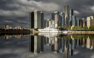 Chicago, Aon Center, evening, sunset, bay, luxury white yacht, skyscrapers, Illinois, USA
