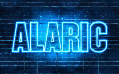 Alaric, 4k, pap&#233;is de parede com os nomes de, texto horizontal, Alaric nome, Feliz Anivers&#225;rio Alaric, luzes de neon azuis, imagem com Alaric nome