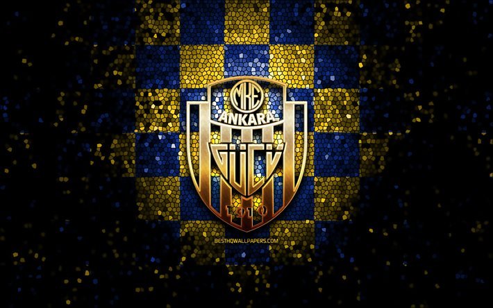 Ankaragucu FC, glitter logo, Turkish Super League, blue yellow checkered background, soccer, MKE Ankaragucu, turkish football club, Ankaragucu logo, mosaic art, football, Turkey