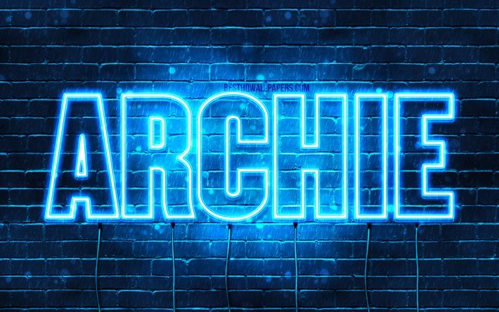 Archie, 4k, taustakuvia nimet, vaakasuuntainen teksti, Archie nimi, Hyv&#228;&#228; Syntym&#228;p&#228;iv&#228;&#228; Archie, blue neon valot, kuva Archie nimi