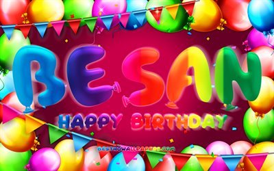お誕生日おめでBesan, 4k, カラフルバルーンフレーム, Besan名, 紫色の背景, Besanお誕生日おめで, Besan誕生日, 人気のヨルダン女性の名前, 誕生日プ, Besan