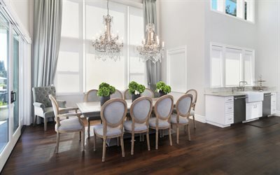 dining room, classic light interior design, stylish interior, kitchen, classic kitchen white furniture, large dining table