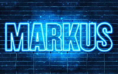 Markus, 4k, wallpapers with names, horizontal text, Markus name, Happy Birthday Markus, blue neon lights, picture with Markus name