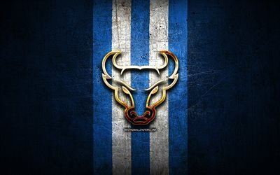 Buffalo Bulls, logo dorato, NCAA, blu, metallo, sfondo, americano, football club, Buffalo Bulls logo, football americano, USA