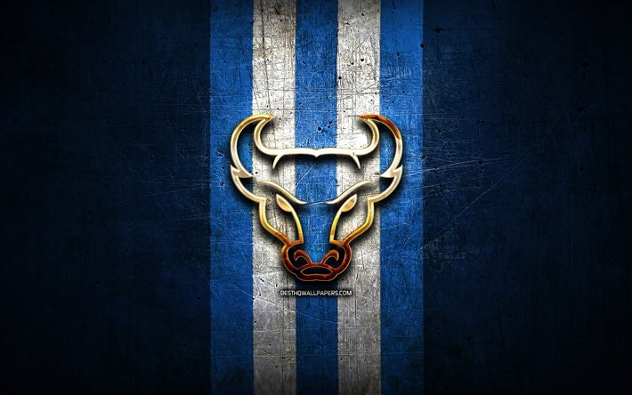 Buffalo Bulls, golden logo, NCAA, blue metal background, american football club, Buffalo Bulls logo, american football, USA