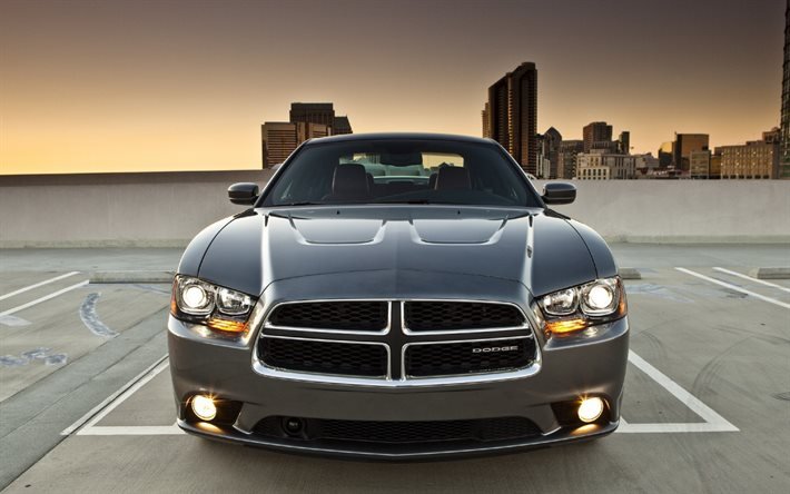 La Dodge Charger, vista frontale, esterno, grigio berlina, auto americane, Grigio Caricabatterie, Dodge