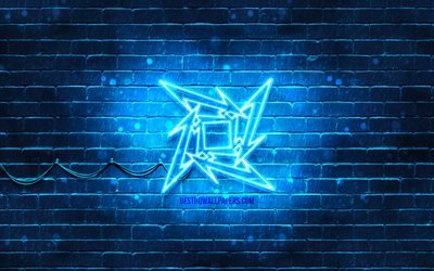 Metallica mavi logo, 4k, mavi brickwall, Metallica logo, m&#252;zik yıldızları, Metallica neon logo, Metallica