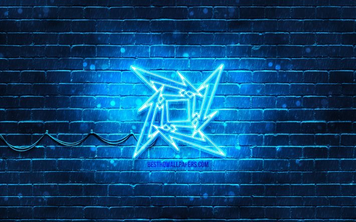 I Metallica logo blu, 4k, blu, brickwall, Metallica, logo, star della musica, Metallica neon logo dei Metallica