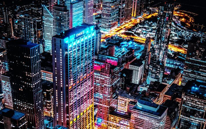 Chicago, 4k, modern buildings, nightscapes, american cities, Illinois, America, Chicago at morning, USA, City of Chicago, Cities of Illinois, Chicago at night
