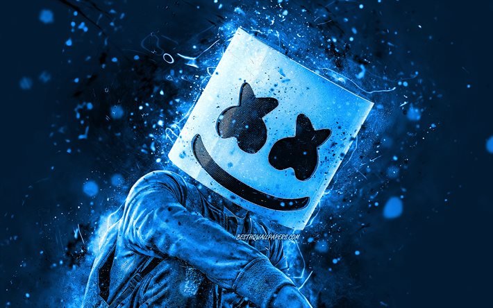 DJ Marshmello, 4K, luces azules de ne&#243;n, fan art, superestrellas, Christopher Comstock, american DJ, estrellas de la m&#250;sica, creativo, Marshmello, DJs