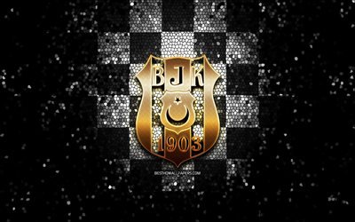 Besiktas FC, glitter logo, Turkish Super League, black white checkered background, soccer, Besiktas JK, turkish football club, Besiktas logo, mosaic art, football, Turkey, BJK