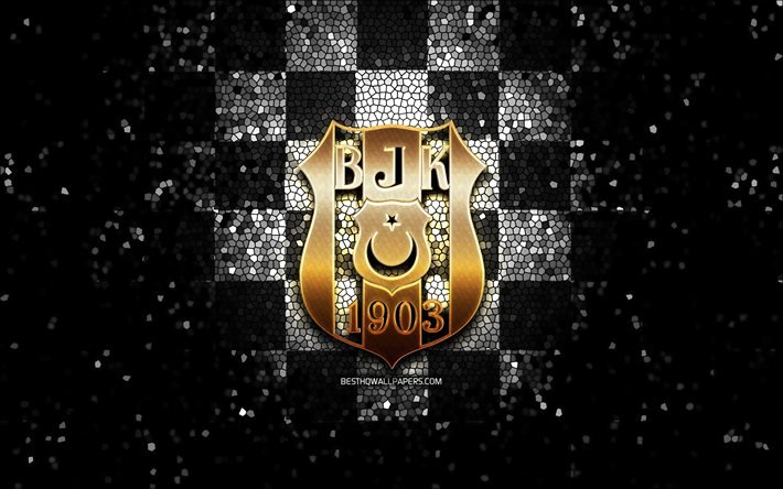 Besiktas FC, el logotipo de brillo, de turqu&#237;a Super Liga, blanco y negro a cuadros de fondo, el f&#250;tbol, el Besiktas JK, turco, club de f&#250;tbol, el Besiktas logotipo, mosaico de arte, f&#250;tbol, Turqu&#237;a, BJK