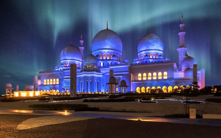 sheikh-zayed-moschee, abu dhabi, die gr&#246;&#223;te moschee in den vae, nacht, sehensw&#252;rdigkeit, vereinigte arabische emirate