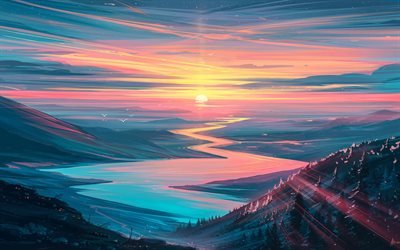 abstract summer landscape, valley, sunset, mountains, abstract nature backgrounds, abstract mountains landscape, artwork, abstract landscape