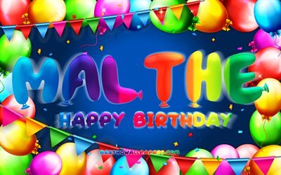 Happy Birthday Malthe, 4k, colorful balloon frame, Malthe name, blue background, Malthe Happy Birthday, Malthe Birthday, popular danish male names, Birthday concept, Malthe