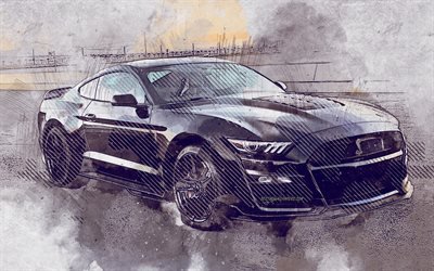 Ford Mustang, 2020, Shelby GT500, grunge, arte, creativo, Mustang grunge, dipinto Ford Mustang Shelby GT500 grunge