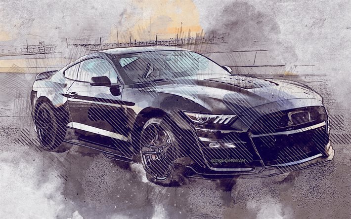ford mustang, 2020, shelby gt500, grunge, kunst, mustang grunge, lackierte ford mustang, shelby gt500 grunge