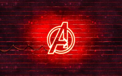 Avengers red logo, 4k, red brickwall, Avengers logo, superheroes, Avengers neon logo, Avengers