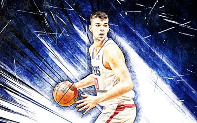 4k, Ivica Zubac, grunge art, Los Angeles Clippers, NBA, basketball, blue abstract rays, USA, Ivica Zubac Los Angeles Clippers, creative, Ivica Zubac 4K, LA Clippers