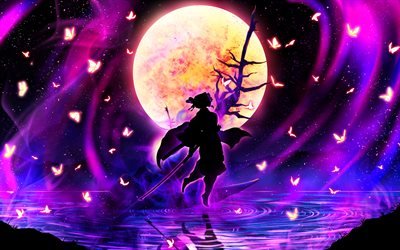 Shinobu Kochou, moon, Kimetsu no Yaiba, Demon Hunter, manga, kimono, silhouette, Kocho Shinobu