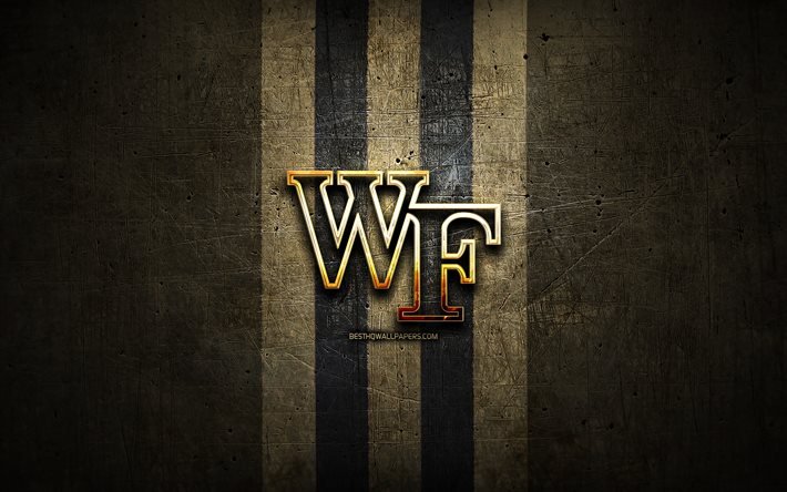 Wake Forest Demon Diakoner, golden logotyp, NCAA, brun metall bakgrund, amerikansk football club, Wake Forest Demon Diakoner logotyp, amerikansk fotboll, USA