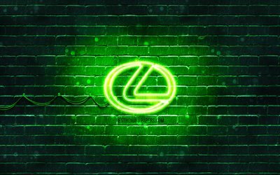 Lexus green logo, 4k, green brickwall, Lexus logo, cars brands, Lexus neon logo, Lexus