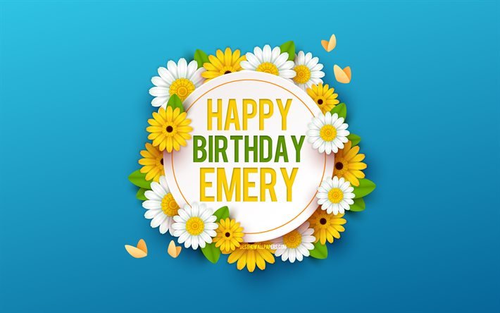 Happy Birthday Emery, 4k, Blue Background with Flowers, Emery, Floral Background, Happy Emery Birthday, Beautiful Flowers, Emery Birthday, Blue Birthday Background