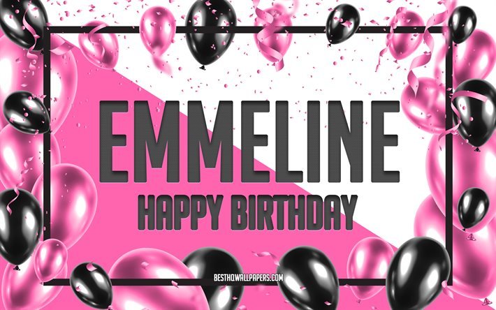 お誕生日おめでEmmeline, お誕生日の風船の背景, Emmeline, 壁紙名, Emmelineお誕生日おめで, ピンク色の風船をお誕生の背景, ご挨拶カード, Emmeline誕生日