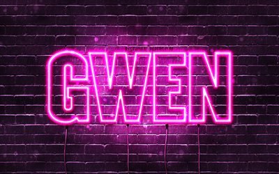 Gwen, 4k, fondos de pantalla con los nombres, los nombres femeninos, Gwen nombre, p&#250;rpura luces de ne&#243;n, Feliz Cumplea&#241;os Gwen, la imagen con el nombre de Gwen