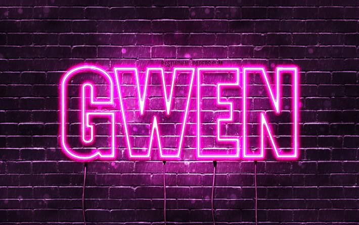 Gwen, 4k, sfondi per il desktop con i nomi, nomi di donna, Gwen nome, viola neon, buon Compleanno Gwen, foto con Gwen nome