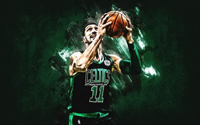 Enes Kanter, NBA, Boston Celtics, green stone background, Turkish Basketball Player, portrait, USA, basketball, Boston Celtics players