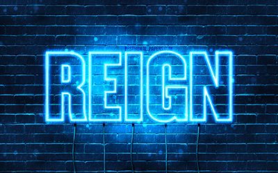 Reign, 4k, wallpapers with names, horizontal text, Reign name, Happy Birthday Reign, blue neon lights, picture with Reign name