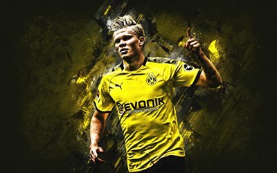 Erling Braut Haland, Borussia Dortmund, BVB, Norjalainen jalkapalloilija, muotokuva, keltainen kivi tausta, Bundesliiga, Saksa, jalkapallo