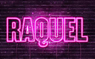 Raquel, 4k, wallpapers with names, female names, Raquel name, purple neon lights, Happy Birthday Raquel, picture with Raquel name
