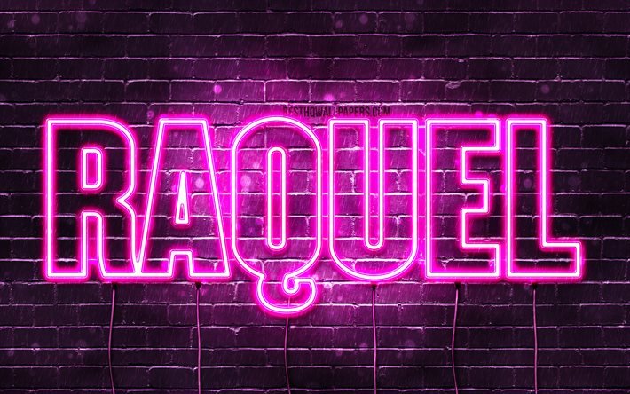 Raquel, 4k, sfondi per il desktop con i nomi, nomi di donna, Raquel nome, viola neon, buon Compleanno Raquel, immagine con nome Raquel