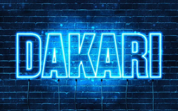 Dakari, 4k, wallpapers with names, horizontal text, Dakari name, Happy Birthday Dakari, blue neon lights, picture with Dakari name