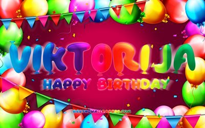 お誕生日おめでViktorija, 4k, カラフルバルーンフレーム, Viktorija名, 紫色の背景, Viktorijaお誕生日おめで, Viktorija誕生日, 人気ブルガリアの女性の名前, 誕生日プ, ビクトリア