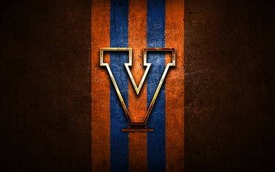 virginia cavaliers, golden logo, ncaa, orange metall, hintergrund, american football club, virginia cavaliers logo, american football, usa