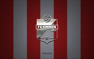 FC Emmen logo, Dutch football club, metal emblem, red and white metal mesh background, FC Emmen, Eredivisie, Emmen, Netherlands, football