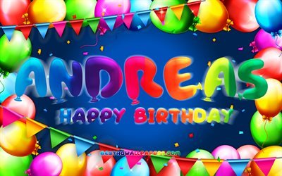 Buon Compleanno Andreas, 4k, palloncino colorato telaio, Andreas nome, sfondo blu, Andreas buon Compleanno, Andreas Compleanno, popolare danese nomi maschili, feste di Compleanno, concetto, Andreas